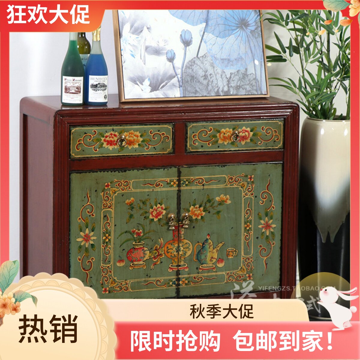 明清仿古家具实木做旧复古彩绘两门鞋柜手绘储物间厅柜玄关隔断柜