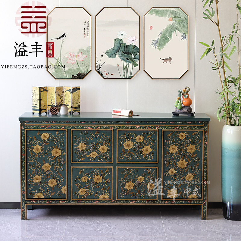 复古手绘描金实木门厅柜墨绿色彩绘花卉玄关柜大容量储物餐边柜