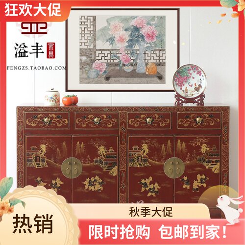 金箔手绘红色餐边柜复古典储物柜