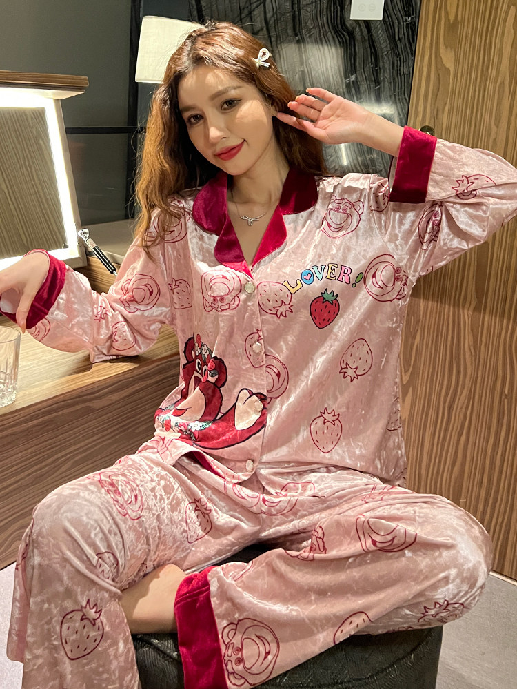 가을 겨울 유행 골드 벨벳 그물 연예인 곰 편지 다이아몬드 벨벳 카디건 작은 옷깃 홈웨어 세트 여성을위한 잠옷