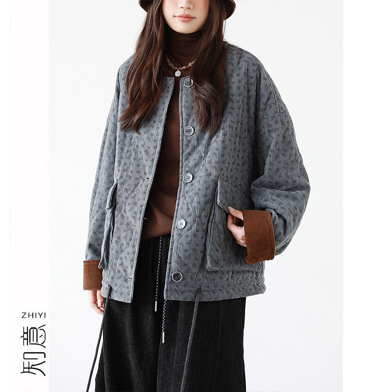 日系复古碎花灯芯绒棉服外套女