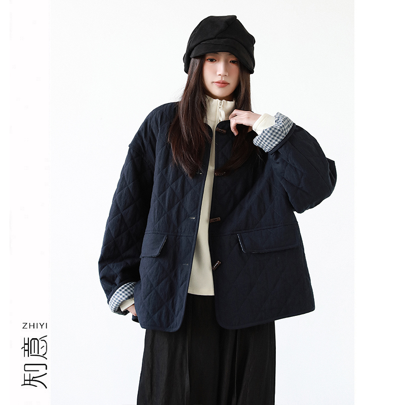 复古撞色格纹百搭圆领棉服女