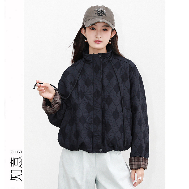 高级感菱格提花绗线立领棉服外套