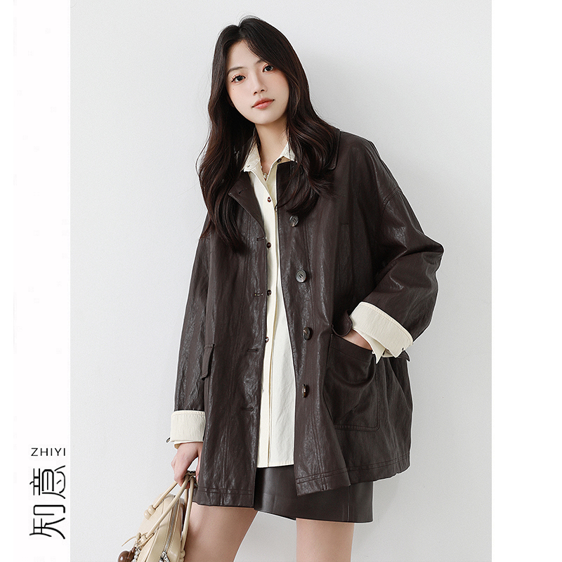 高级松弛感撞色拼接皮衣外套女