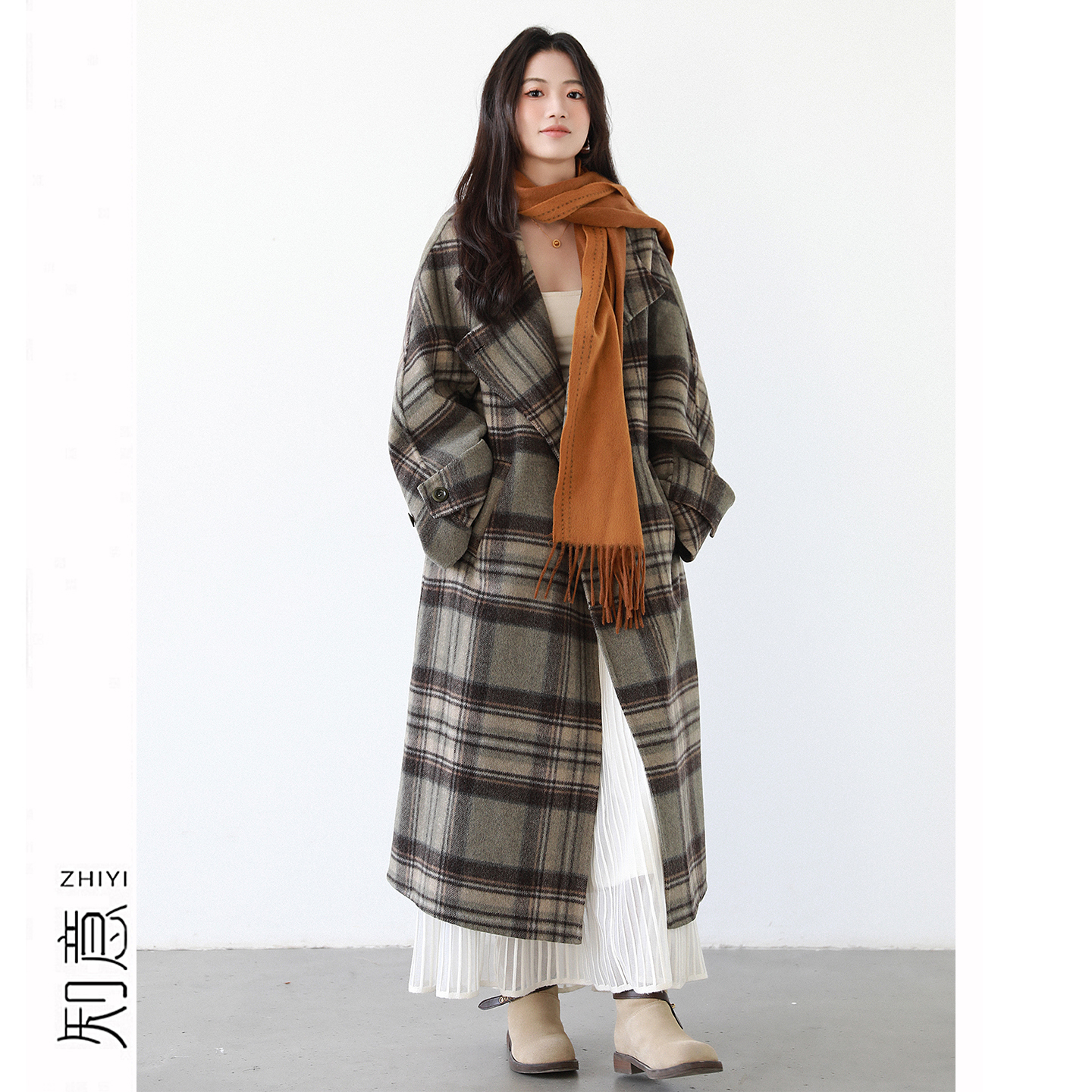 冬季格纹长款双面羊毛大衣外套