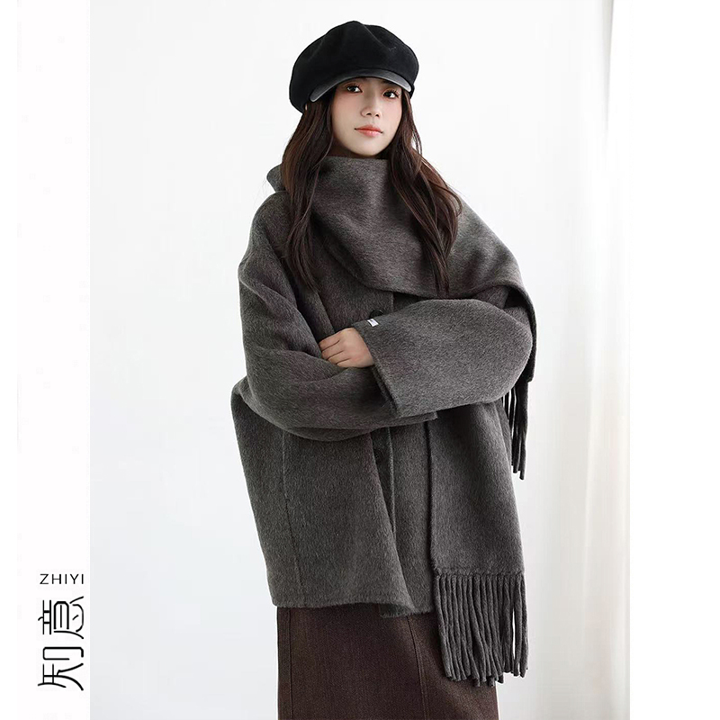 10.20/高品质山羊绒羊毛大衣女秋冬氛围感流苏围巾手工双面呢外套