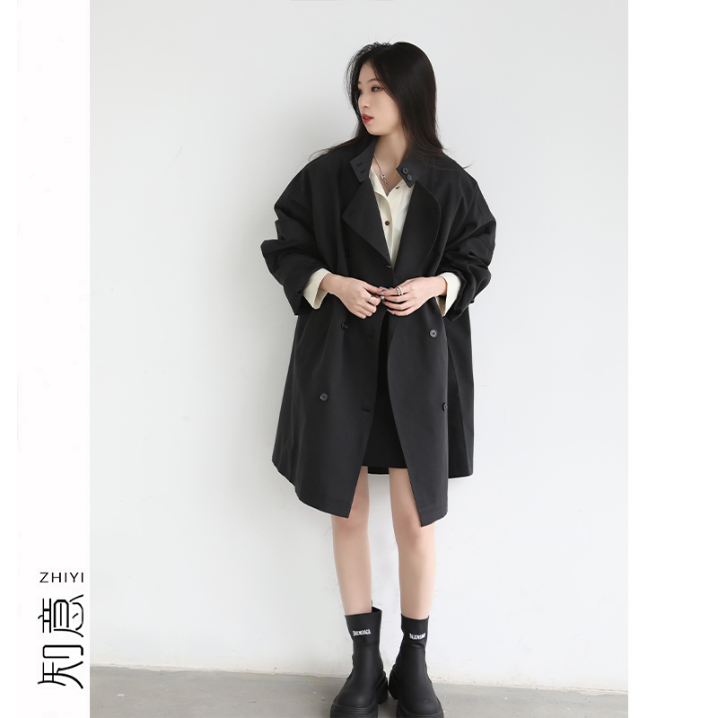 韩版宽松蝙蝠袖立领中长款风衣