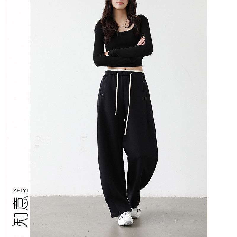 运动百搭拼色松紧腰垂坠感卫裤女