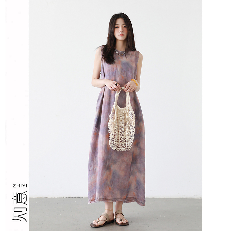紫色晕染印花100%苎麻无袖连衣裙