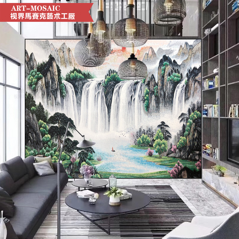 个性定制艺术马赛克剪画拼图壁画别墅背景墙山水风景图画旭日东升