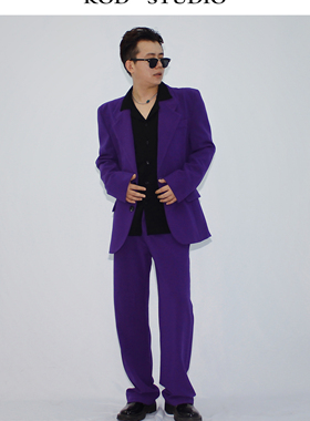 KOD韩版紫色西装男女舞台表演服时尚嘻哈宽松收腰休闲西服外套潮