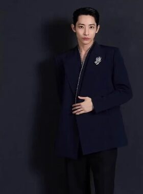 李洙赫同款带钻藏青西服外套黑色西裤