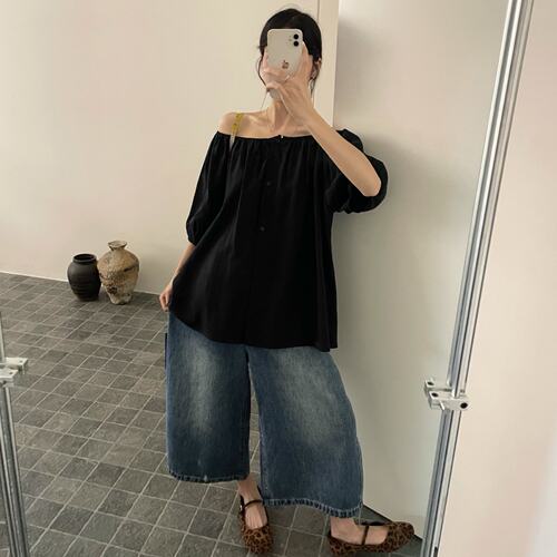 慵懒风一字领露肩短袖衬衫上衣女