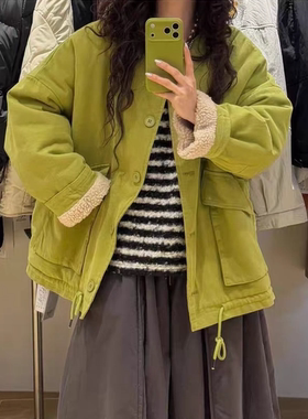 WE女装58172冬季新品宽松大码胖mm慵懒松弛风翻领羊羔绒内里外套