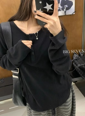 大7女78366冬季韩版宽松大码胖mm慵懒休闲圆领加绒带扣打底衫T恤