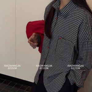 小王家女82253秋季胖mm大码韩版宽松慵懒休闲风翻领格子长袖衬衫