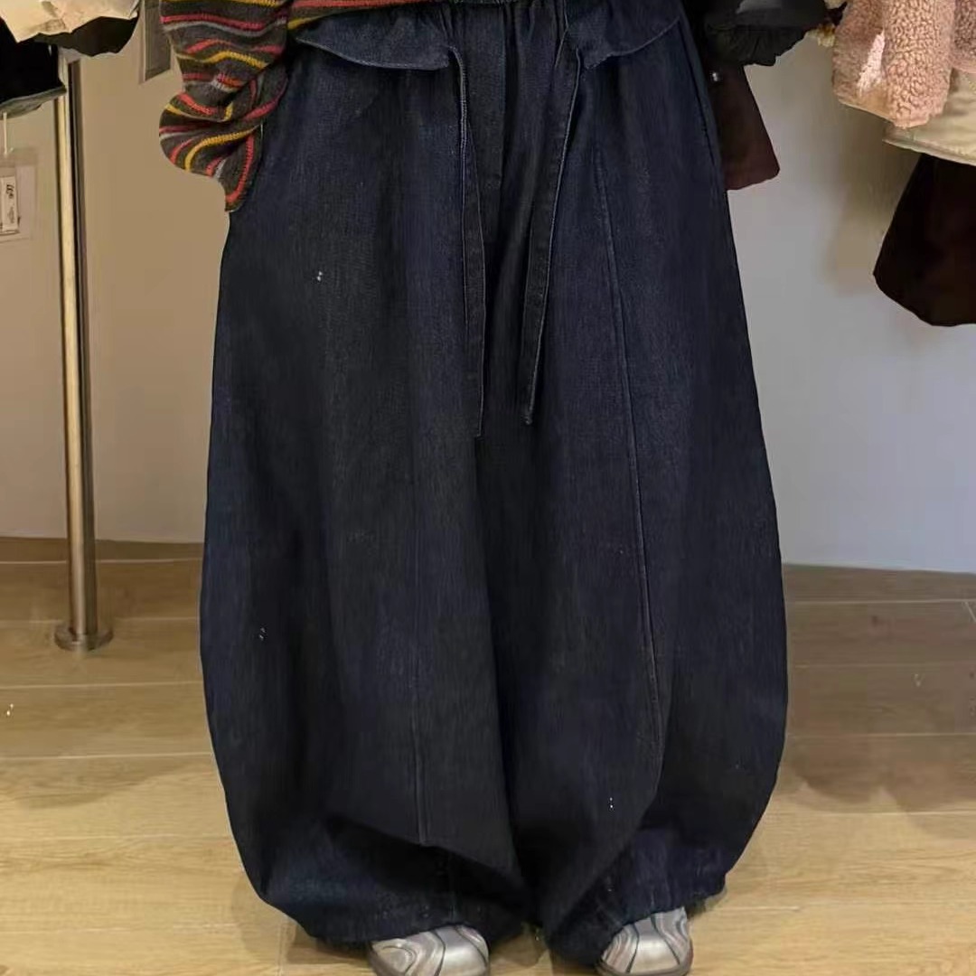 胖mm休闲花边加绒阔腿牛仔长裤女