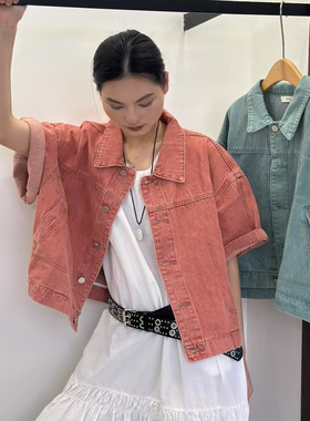 幕茄5338春夏女小清新宽松大码胖mm休闲慵懒复古彩色短袖牛仔外套