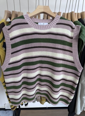 小王家19361春女神宽松大码胖mm休闲慵懒风撞色针织条纹背心马甲