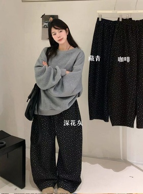 大7女21783冬季韩版宽松大码胖mm慵懒休闲加绒碎花阔腿弯刀裤长裤