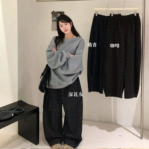 胖mm休闲加绒碎花阔腿弯刀裤长裤