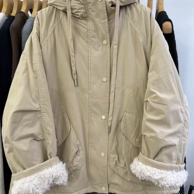 WE女54106冬韩版宽松大码胖mm慵懒松弛连帽抽绳内里仿羊羔毛外套