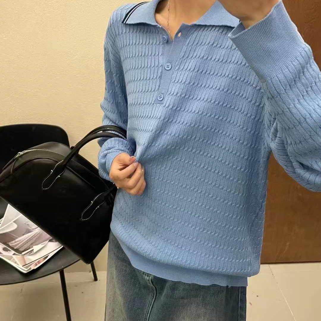 大7女装春季新款韩版宽松大码胖mm休闲复古翻领套头针织衫上衣潮