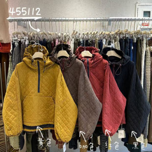 WE女455112冬季韩版宽松大码胖mm慵懒休闲风连帽菱格套头棉服外套