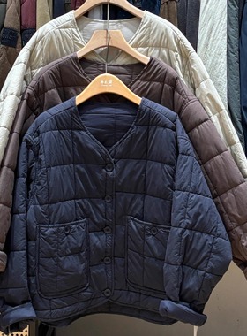 非本189652冬女韩版宽松大码胖mm慵懒松弛风V领菱格加厚棉服外套