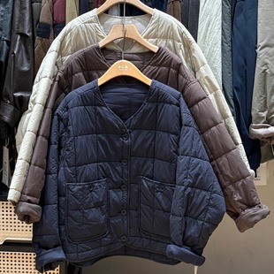 非本189652冬女韩版宽松大码胖mm慵懒松弛风V领菱格加厚棉服外套