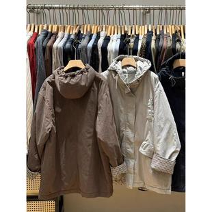 非本女装189575冬中长款宽松大码胖mm慵懒松弛风连帽风衣棉服外套