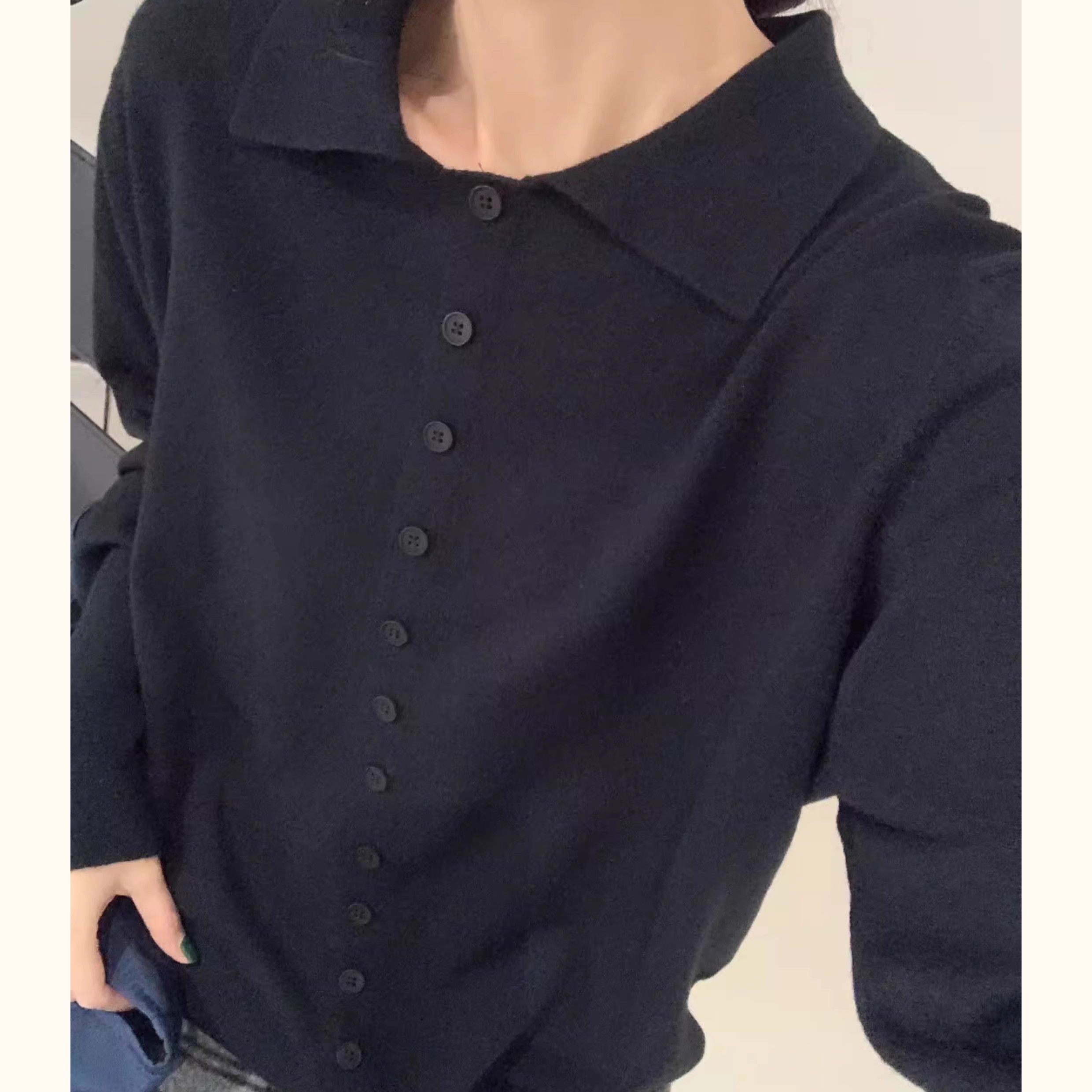 大7女装秋冬翻领排扣套头韩版宽松大码胖mm慵懒松弛风针织上衣潮