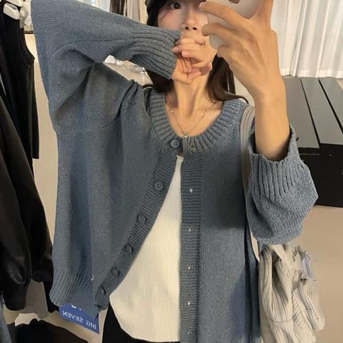 胖mm松弛风圆领针织长袖毛衣外套
