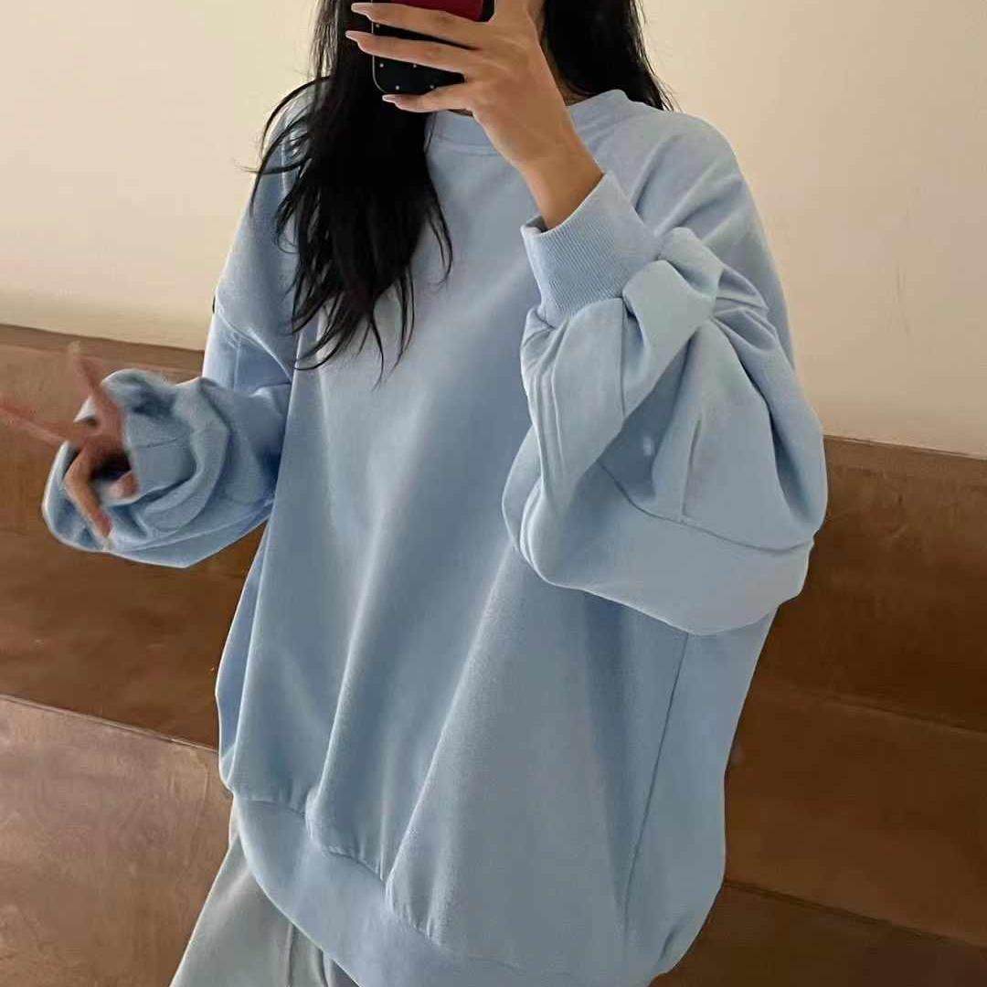 大7女春季新款褶皱长袖圆领韩版宽松大码胖mm休闲慵懒风卫衣T恤潮