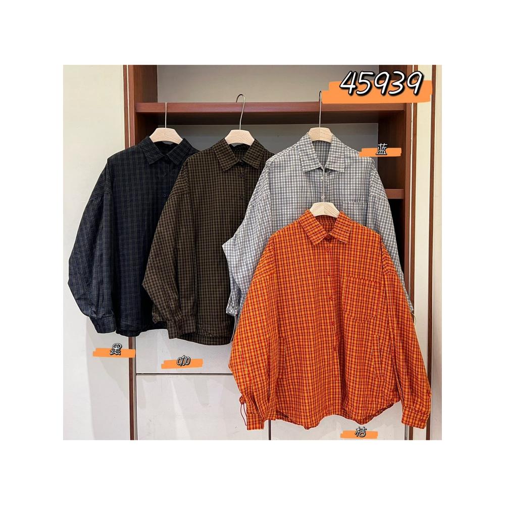 胖mm慵懒格子抽绳长袖衬衫外套