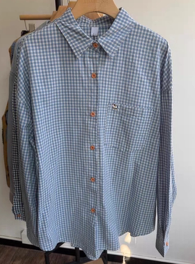 小王家82388早春新品宽松大码胖mm慵懒休闲风撞色扣刺绣格子衬衫