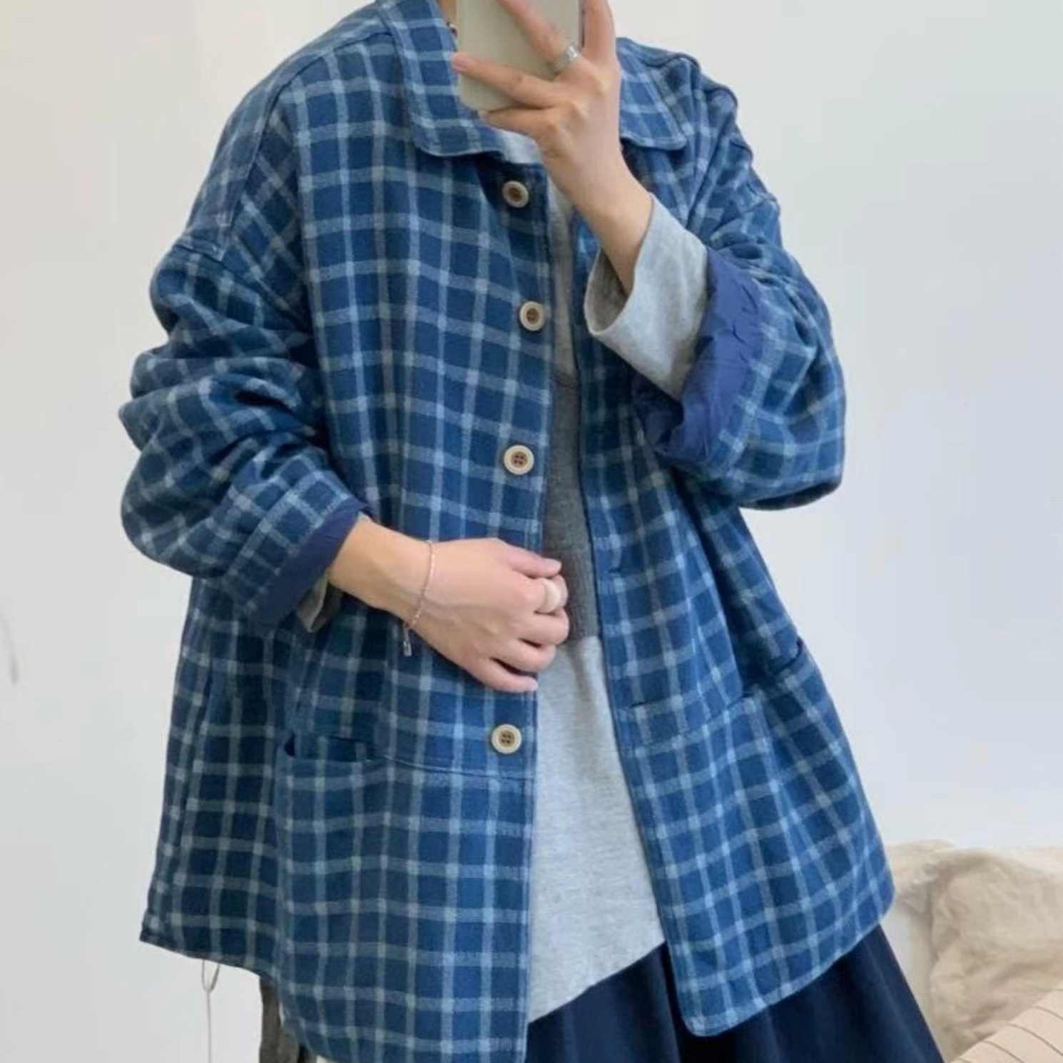 几布见川825477秋冬日系复古格子宽松大码胖mm休闲百搭慵懒风外套