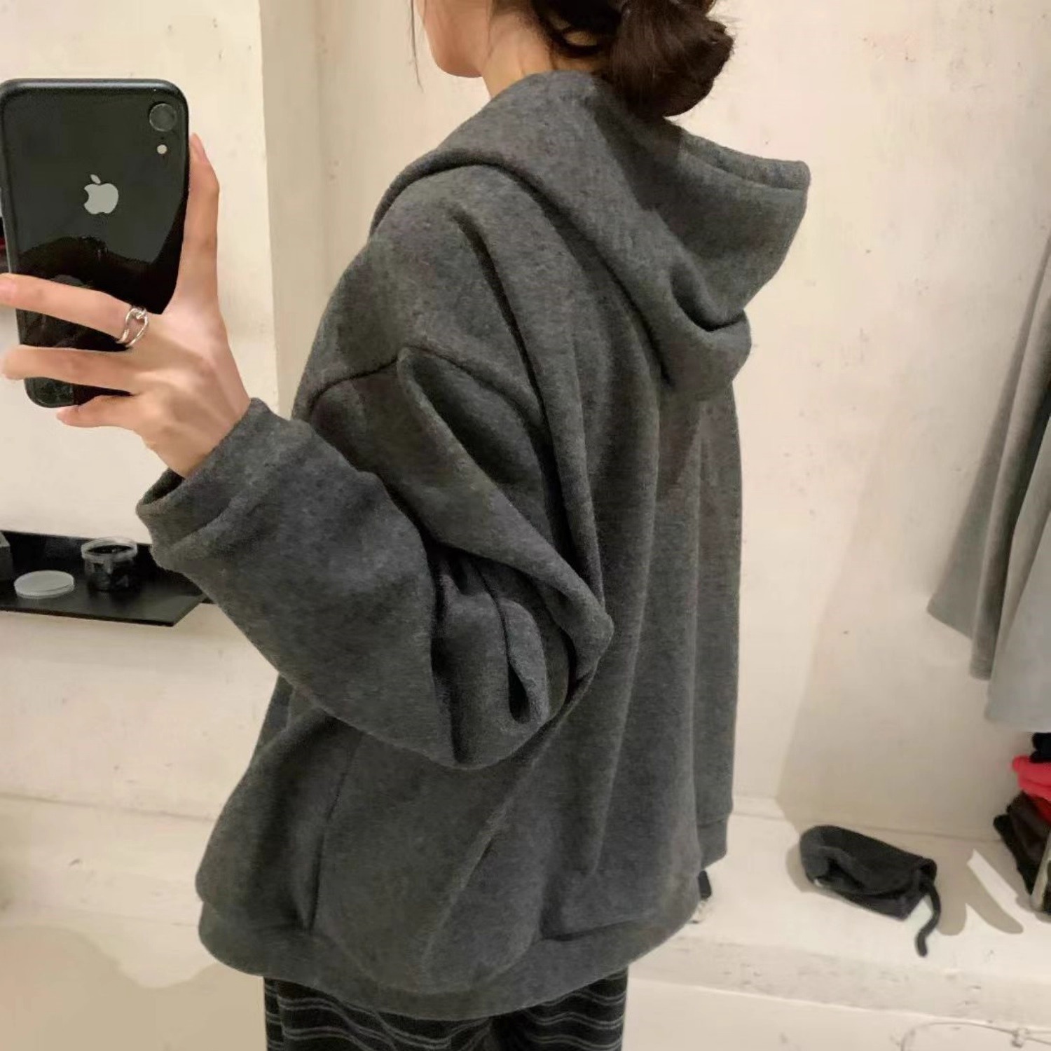 胖mm慵懒休闲加绒连帽假两件外套