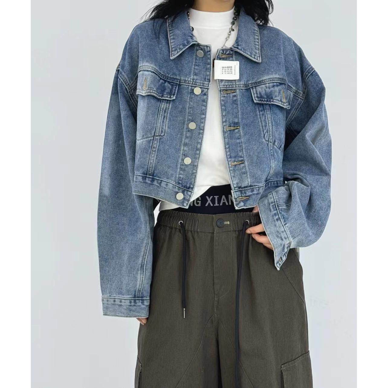 胖mm休闲复古短款工装牛仔外套女