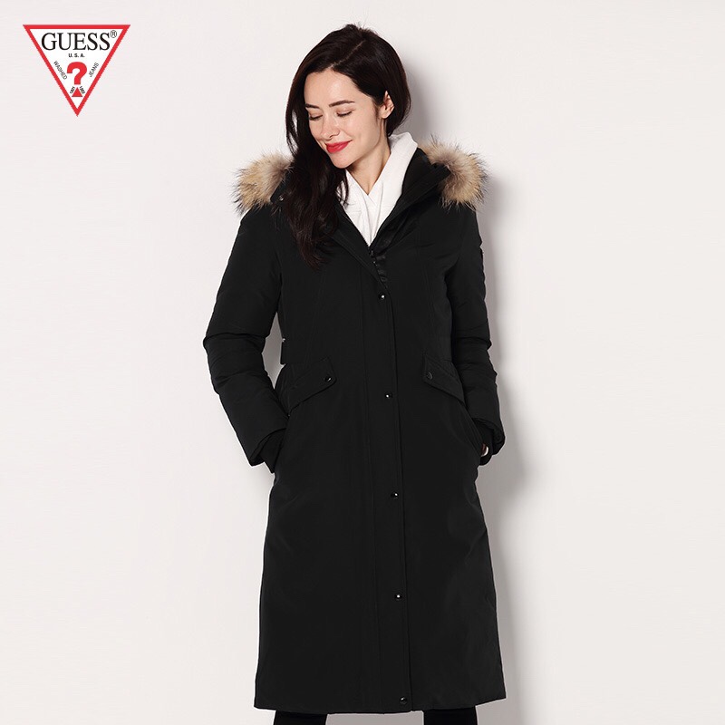 专柜正品代不退换GUESS女士毛领连帽拉链中长款羽绒服-YI4W5876C