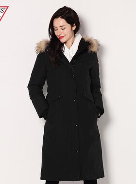 专柜正品代不退换GUESS女士毛领连帽拉链中长款羽绒服-YI4W5876C