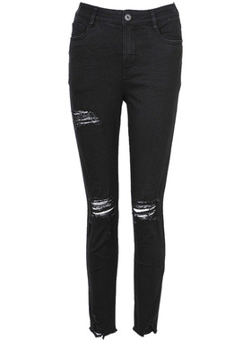 王叔纯棉牛仔春季明星同款修身小脚黑色破洞牛仔裤女3C1R7011A