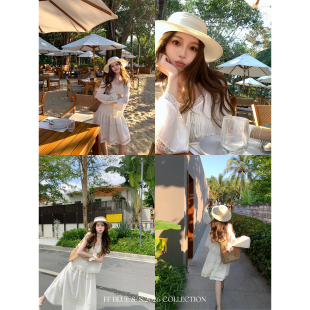 半裙套装 蕾丝花边镂空背心长袖 美人纱 BLUE3.30new莫奈花园