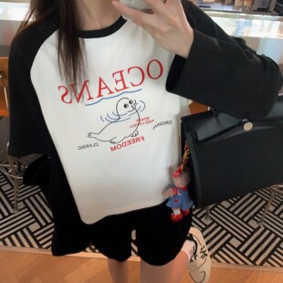 小豹豹海洋保护主题开口插肩防晒T恤女上衣 原创插画tee BLUE