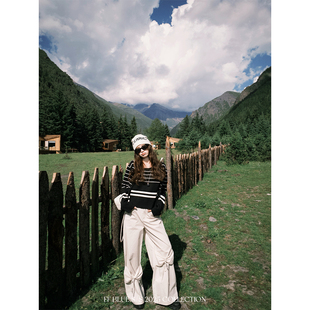 BLUE 直筒松紧腰长裤 鬼马设计师款 裤 两色酷感蝴蝶结纯棉工装