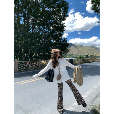 复古豹纹高腰修身FFBLUE喇叭裤