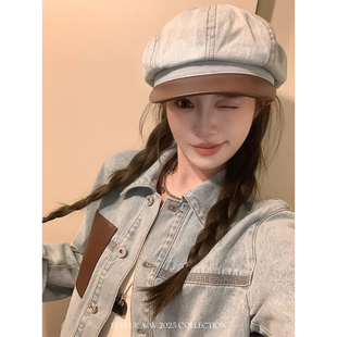 老钱风氛围感牛仔拼接报童帽百搭显脸小八角帽 复古画报 BLUE
