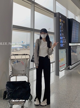 FF BLUE 长腿开衩裤 黑色/粉色 巨显瘦透气拖地凉凉裤西装裤女夏