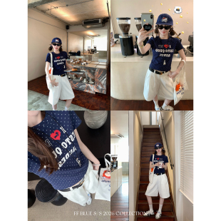 BLUE 短袖 夏时海岸 复古波点修身 圆领显瘦上衣女 90棉辣妹美式