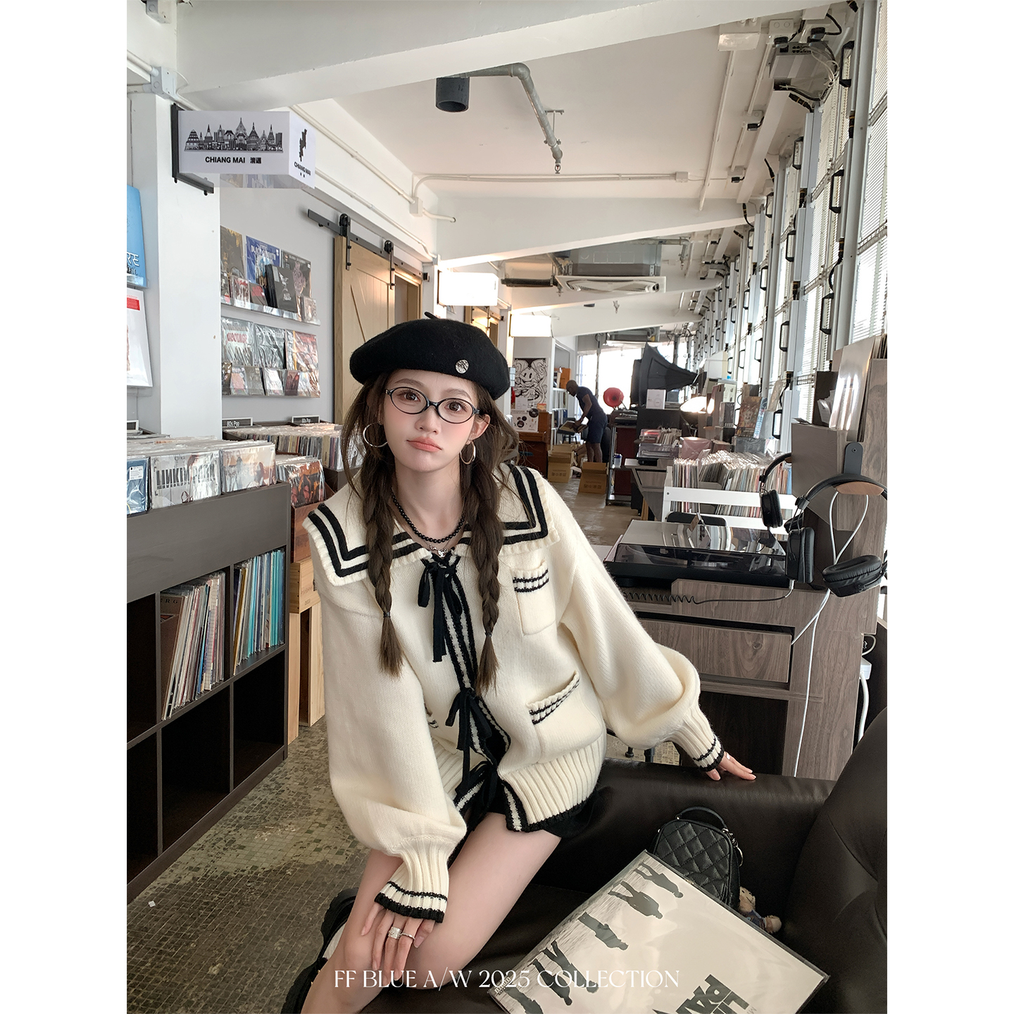 FFBLUE羊毛蝴蝶结海军针织开衫